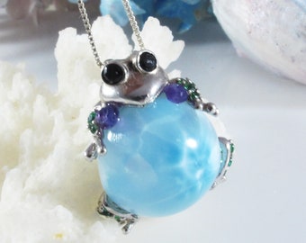 Round Larimar frog, amethyst, peridot, Gift for her, .925 sterling silver, beach jewelry, sealife jewelry, Healing gemstone