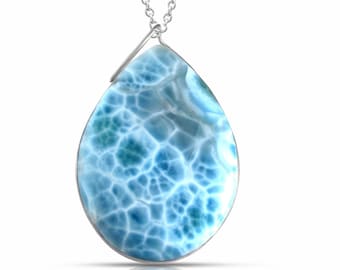 Larimar Pendant Huge - Unique | 925 sterling silver | XL Teardrop 3.2 inches | handcrafted by Dominican Artisans | Authentic stone.