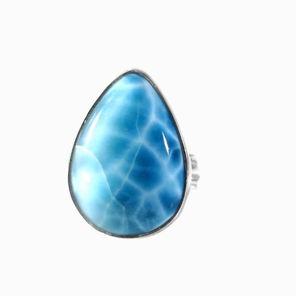 Larimar teardrop Ring Nicole - 925 sterling silver - Striking ocean blue color -  Dominican Jewelry Handcrafted by Larimar Magic.