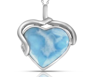 Larimar Heart Pendant Pamela - 925 sterling silver - top quality authentic large stone - Stunning jewelry handmade by Dominican Artisans.
