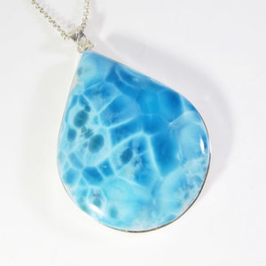 Larimar Teardrop Pendant | 2.7 inches |  925 Sterling Silver | High quality large stone | Handcrafted by Dominican Artisans.