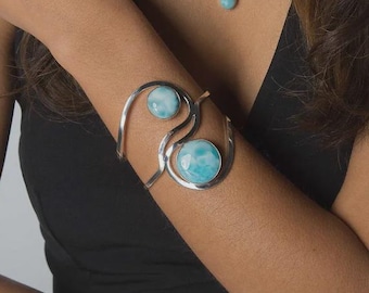 Larimar Cuff Sterling Silver Bracelet, Statement.  Wear the ocean in every stone. Gift for her.
