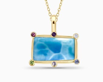 Larimar and Natural Blue Topaz, amethyst, iolite, aquamarine Gold Vermeil  Necklace La Mer | 925 sterling silver or Gold