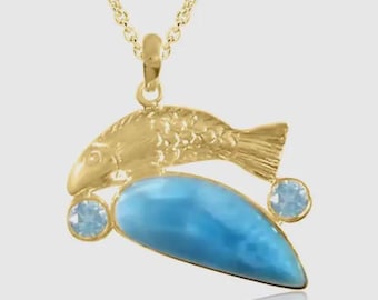 Larimar and Natural Blue Topaz Fish Necklace Nemesis |925 sterling silver or Gold  | handcrafted by Larimar Magic.