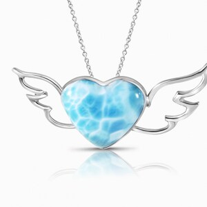 Larimar Heart Pendant - Angel Wings | 925 sterling silver | authentic stone | Dominican handcrafted Jewelry for women | gift for her