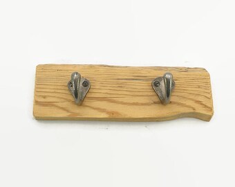 Rustic wall coat hanger, made of reclaimed wood with 2 hooks