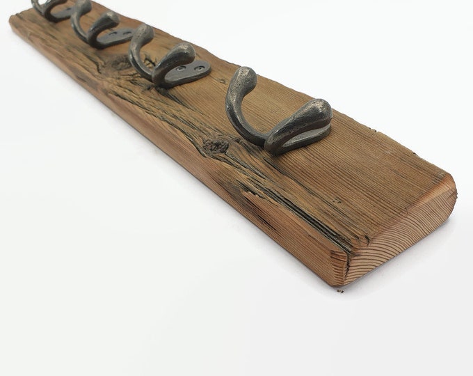 Rustic wall coat hanger, in old reclaimed wood with 4 double hooks