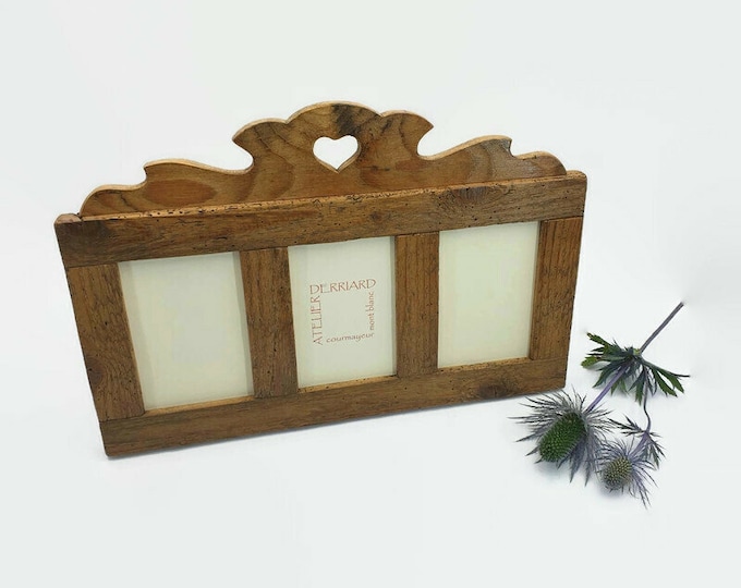 old wooden 3 photo frame with heart
