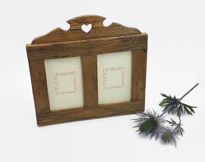 old wooden frame for 2 photos with heart, for table or wall