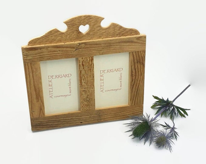 frame for 2 photos made of old natural wood with heart, table or wall