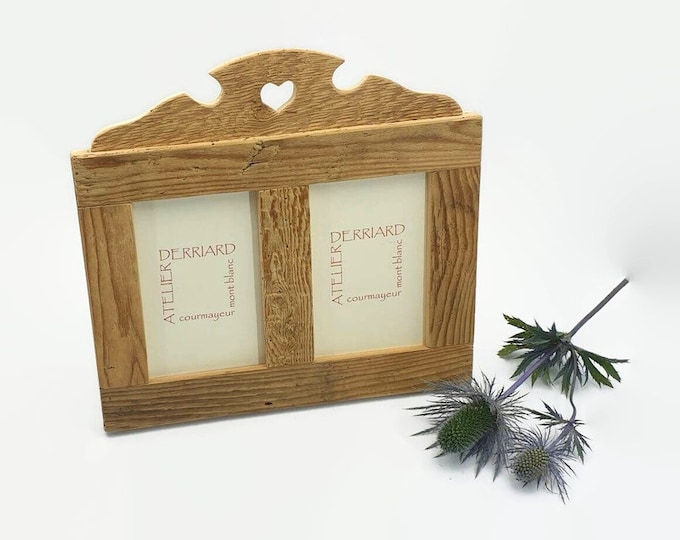2 photo frame in natural old wood with heart, for table or wall
