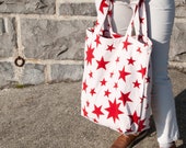 Reusable Spring tote bag Eco grocery shopping bag Gift wrap for large presents holiday shopping bag with stars, White and red stars bag