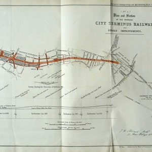 Plan et coupe du projet d'amélioration de la voie ferrée et des rues du terminus de la ville (1855)