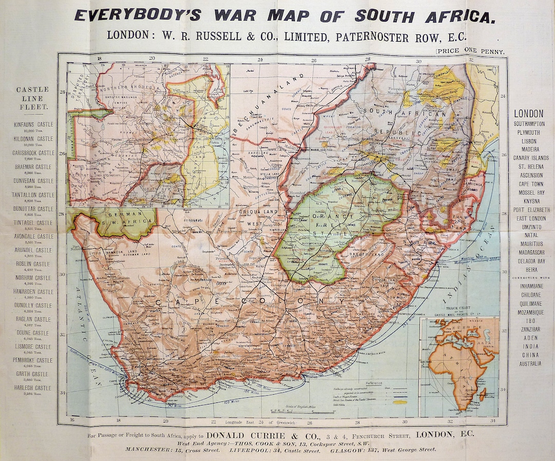 Everybody's War Map of South Africa (1900) - Etsy Norway, image size:1080x897