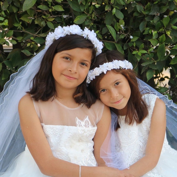 White Flowers and Rhinestones with veil - First Communion Veil