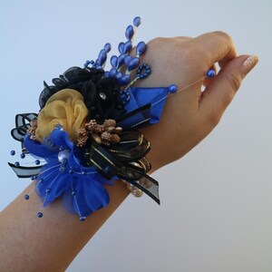 Royal Blue, Black & Gold Pearl Corsage and Boutonniere Set