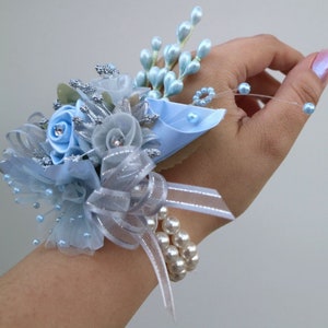 Baby Blue & Silver Corsage and Boutonniere Set