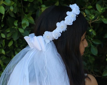 White Flowers with Rhinestones satin bow First Communion Veil