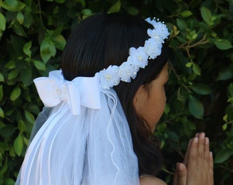 White Flowers with Rhinestones and bow First Communion Veil