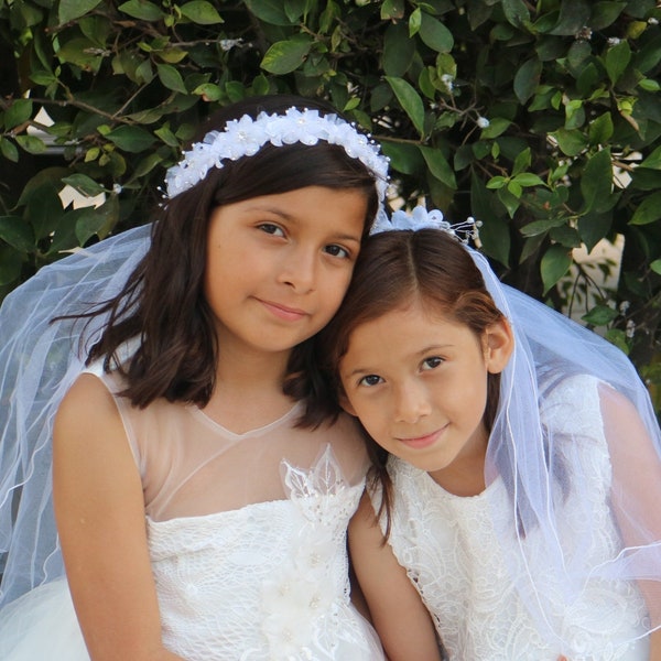 White Roses & Rhinestone Flowers First Communion Veil