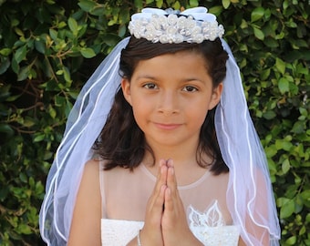 Voile de première communion couronne de perles