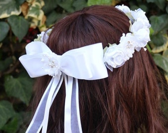 White Roses Flowers with Rhinestones satin bow First Communion Flower Crown