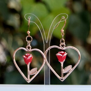 Red Rose, Rose Gold Heart Earrings - Enchanted Rose - Beauty and the Beast