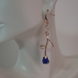 Blue Rose, Rose Gold Teardrop Earrings - Enchanted Rose - Beauty and the Beast