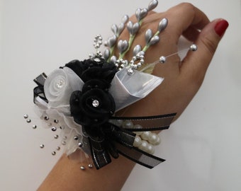 Black & Silver Pearl Corsage and Boutonniere Set