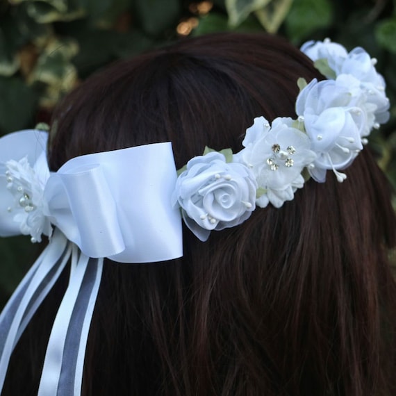 White Roses Flowers With Rhinestones Satin Bow First  display picture 2