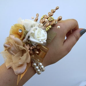 Light Brown, Gold & Ivory Pearls Corsage and Boutonniere Set - Prom Corsage - Wedding - Bridesmaid