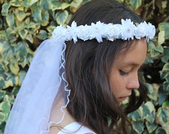 Voile de première communion fleurs blanches