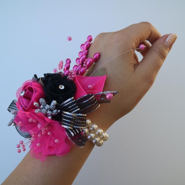 Fuchsia, Silver & Black Corsage and Boutonniere Set (Hot Pink)