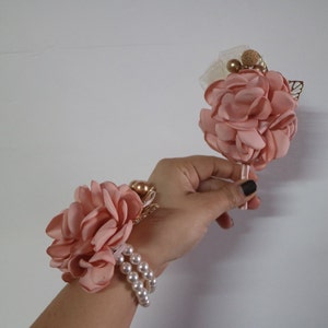 Blush Pink & Gold Pearl Corsage and Boutonniere Set