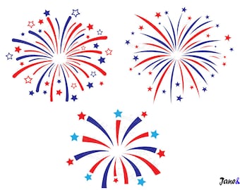 May include: Three red, white, and blue firework designs with stars. The fireworks are in a burst pattern.