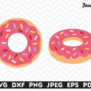 May include: Two pink donuts with white, yellow, blue, and brown sprinkles. The donuts are on a white and gray chevron background.