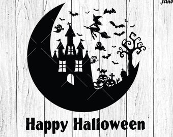 Halloween SVG,Halloween Witch Svg,Halloween Shirt svg Clipart,Halloween Vector,Halloween Silhouette,Halloween SVG PNG Moon Ghost Bat Cat