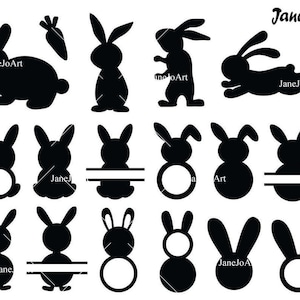 May include: A set of 15 black and white bunny silhouette SVG cut files. The bunnies are in various poses, including standing, sitting, and hopping. Some bunnies have a circle or a line for personalization.