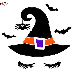 May include: A black witch hat with an orange band and purple buckle, adorned with a hanging spider and bats. Below the hat are two sets of black eyelashes. The image has the text "Jane&Jo" in the upper left corner.