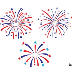 May include: Three red, white, and blue firework designs with stars. The fireworks are in a burst pattern.
