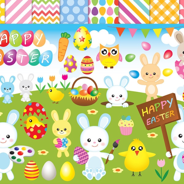 53 Easter clipart,Digital easter clip art,Easter egg clipart,Easter bunny clipart,rabbit clipart,instant download,graphics,digital images
