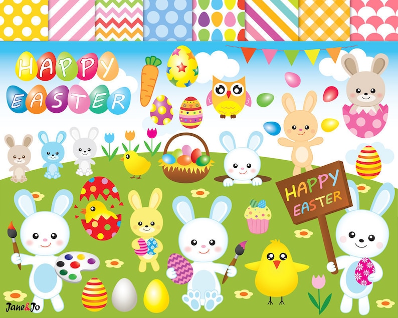 K&ouml;nnte beinhalten: Ein Set mit bunten, digitalen Clipart zum Thema Ostern mit Hasen, K&uuml;ken, Eiern, Blumen und einem Schild mit der Aufschrift "Frohe Ostern".