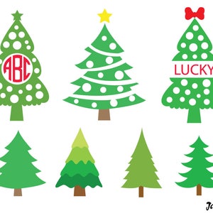 May include: Set of 7 green Christmas tree SVG cut files. The trees are in various styles, including a traditional tree with white polka dots and the letters "ABC" in a circle, a tree with white polka dots and the word "LUCKY" in a banner, and a simple green tree.