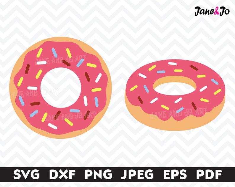 May include: Two pink donuts with white, yellow, blue, and brown sprinkles. The donuts are on a white and gray chevron background.