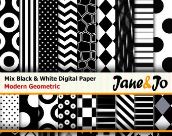 36 Black digital papers,Modern,Geometric Pattern,Printable,Instant Download Scrapbooking,White Black Polka dot Stripe Chevron backgrounds