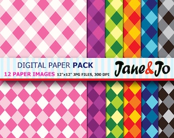 50% OFF SALE  Diamond Harlequin Digital Paper, Colorful Geometric Pattern, Scrapbook Papers, Square Backgrounds, Party, Instant Download