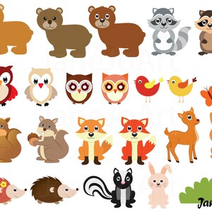 May include: A set of 20 colorful woodland animal illustrations, including bears, owls, squirrels, foxes, deer, rabbits, hedgehogs, a skunk, raccoons, butterflies, and birds. The illustrations are perfect for crafting, scrapbooking, or digital design projects.