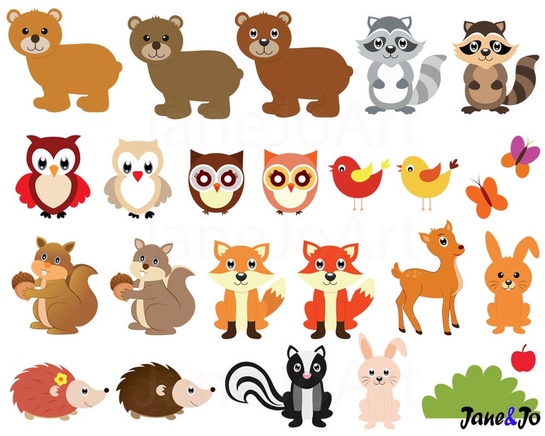 May include: A set of 20 colorful woodland animal illustrations, including bears, owls, squirrels, foxes, deer, rabbits, hedgehogs, a skunk, raccoons, butterflies, and birds. The illustrations are perfect for crafting, scrapbooking, or digital design projects.