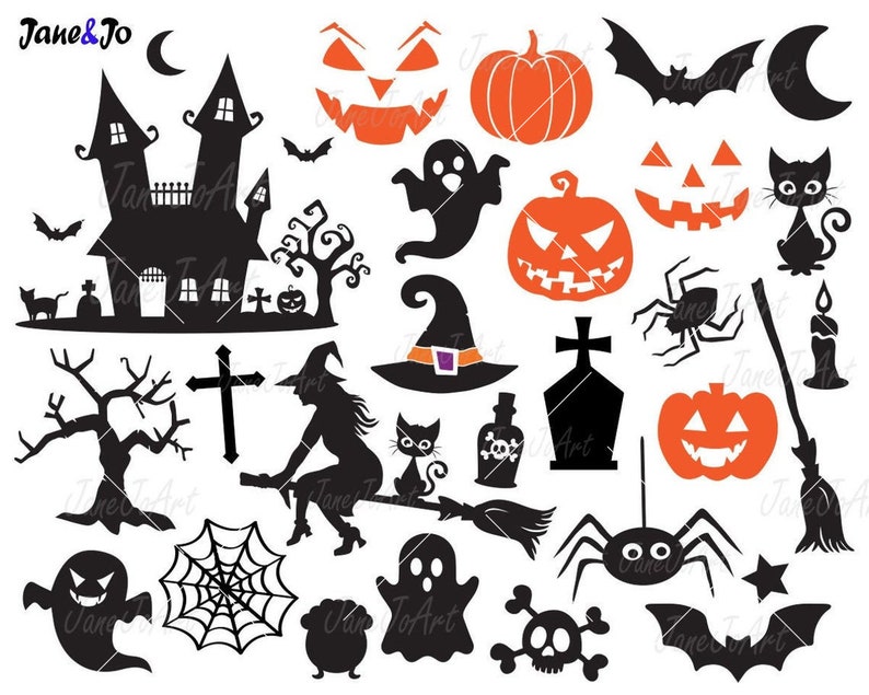 May include: A set of 20 black and orange Halloween clip art images. The images include a haunted house, ghosts, bats, spiders, pumpkins, a witch, a cat, a spider web, a cross, a candle, a broom, and a skull.