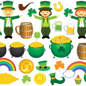 Op de afbeelding: Een set St. Patrick's Day-clipart met kabouters, potten goud, klavertjesvier, regenbogen en andere feestelijke elementen.